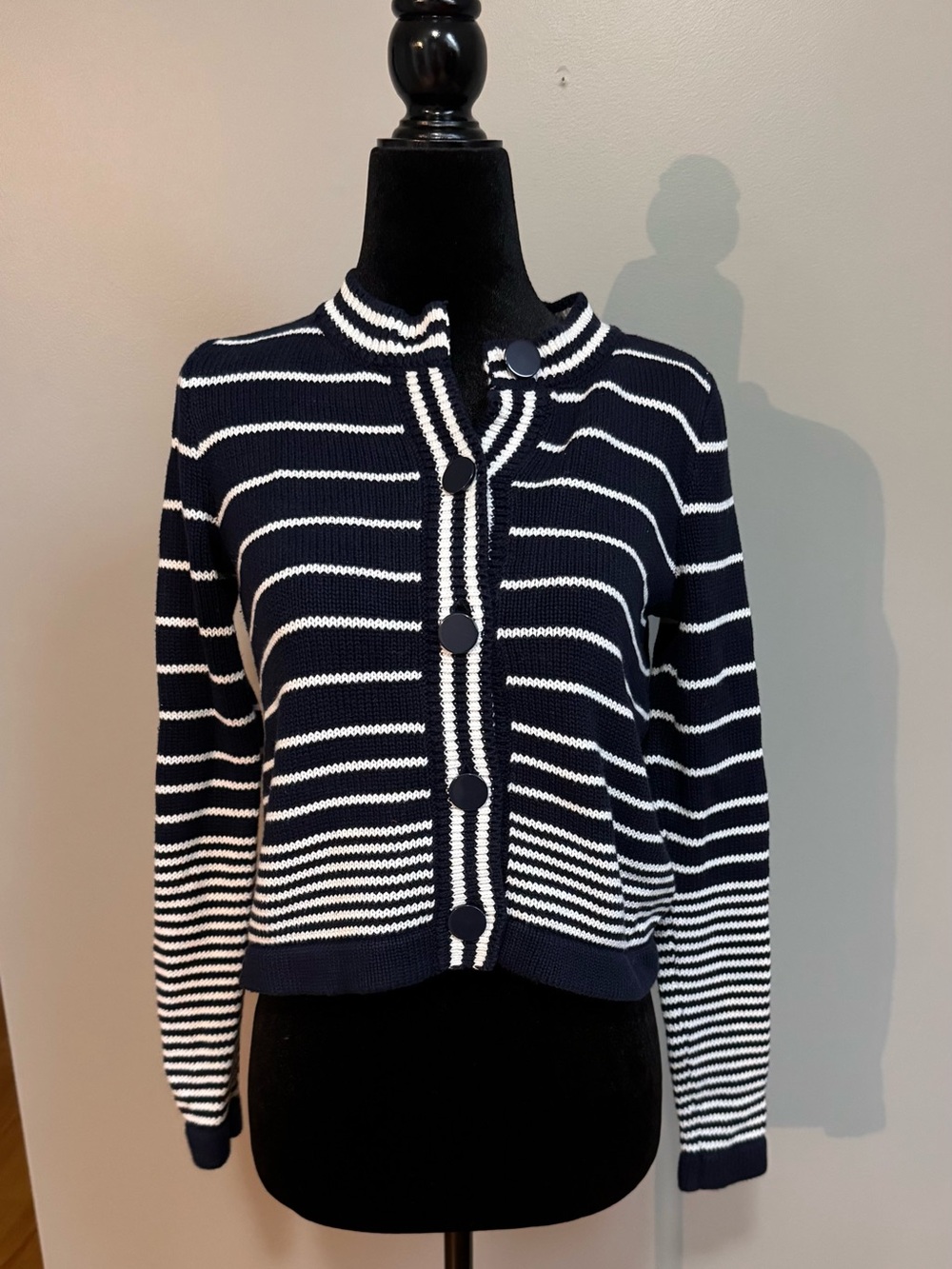 Ann Taylor Factory Navy and White Striped Button Cardigan